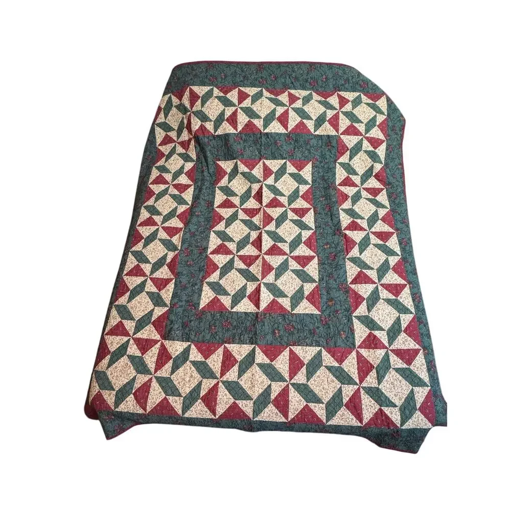 Handmade Quilt Vintage Cottage Farmhouse Cabin Fall Florals Red Green Pinwheels